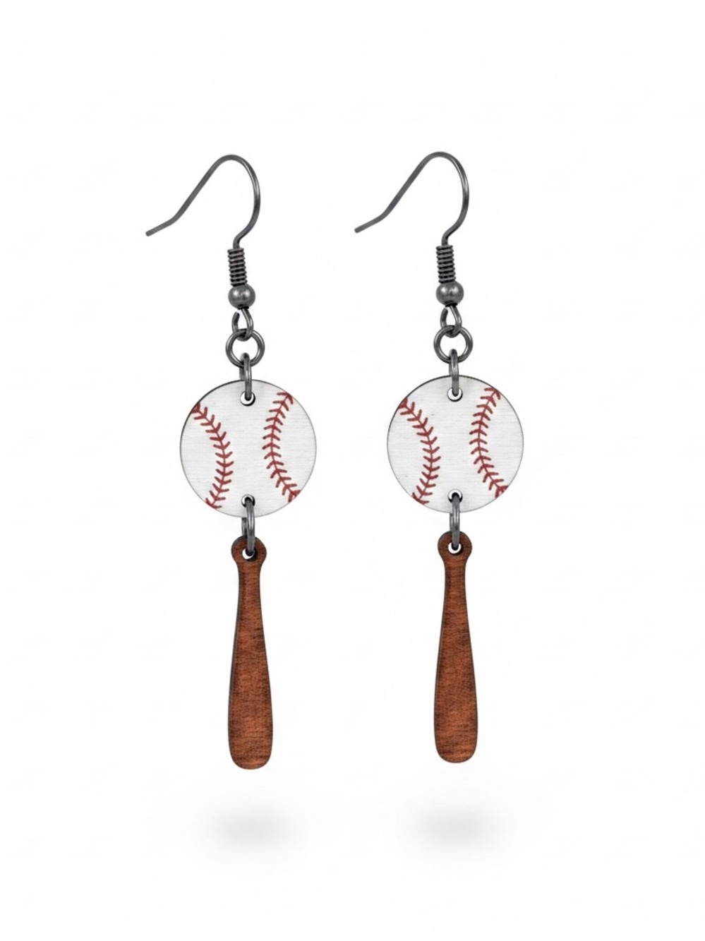 Baseball & Bat Dangle Earrings - White and Brown